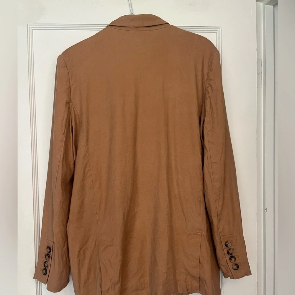 Anthropologie Maeve Linen Oversized Relaxed Tan Double-Breasted Blazer Size 10 - Picture 4 of 5